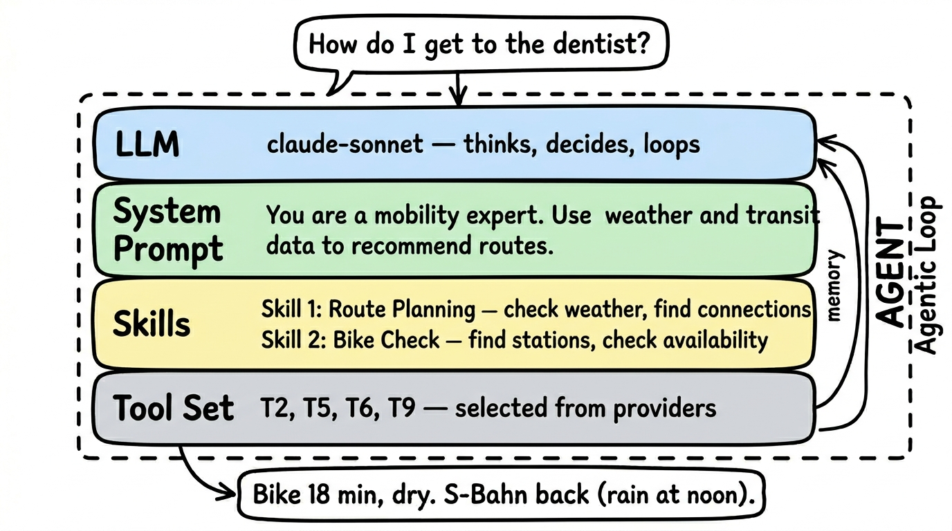 Agent Structure: LLM, System Prompt, Skills, Tool Set with Agentic Loop