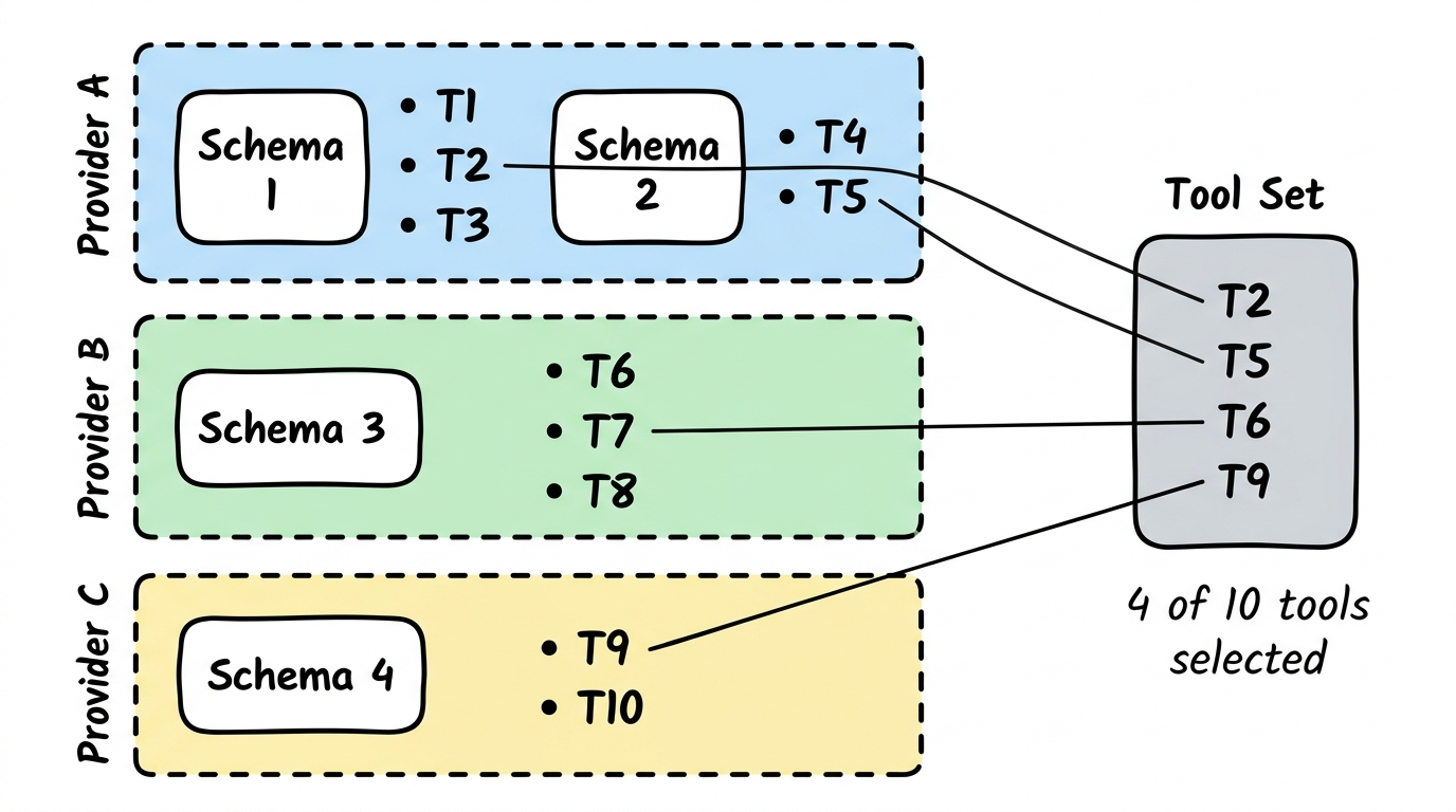 Tool Selection: Provider → Schemas → Tools → Tool Set
